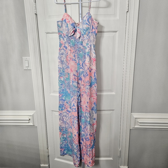 Lilly Pulitzer Bente Jumpsuit maxi blue Peri Viva La Lilly Pink Sz 8 Romper - Picture 9 of 14